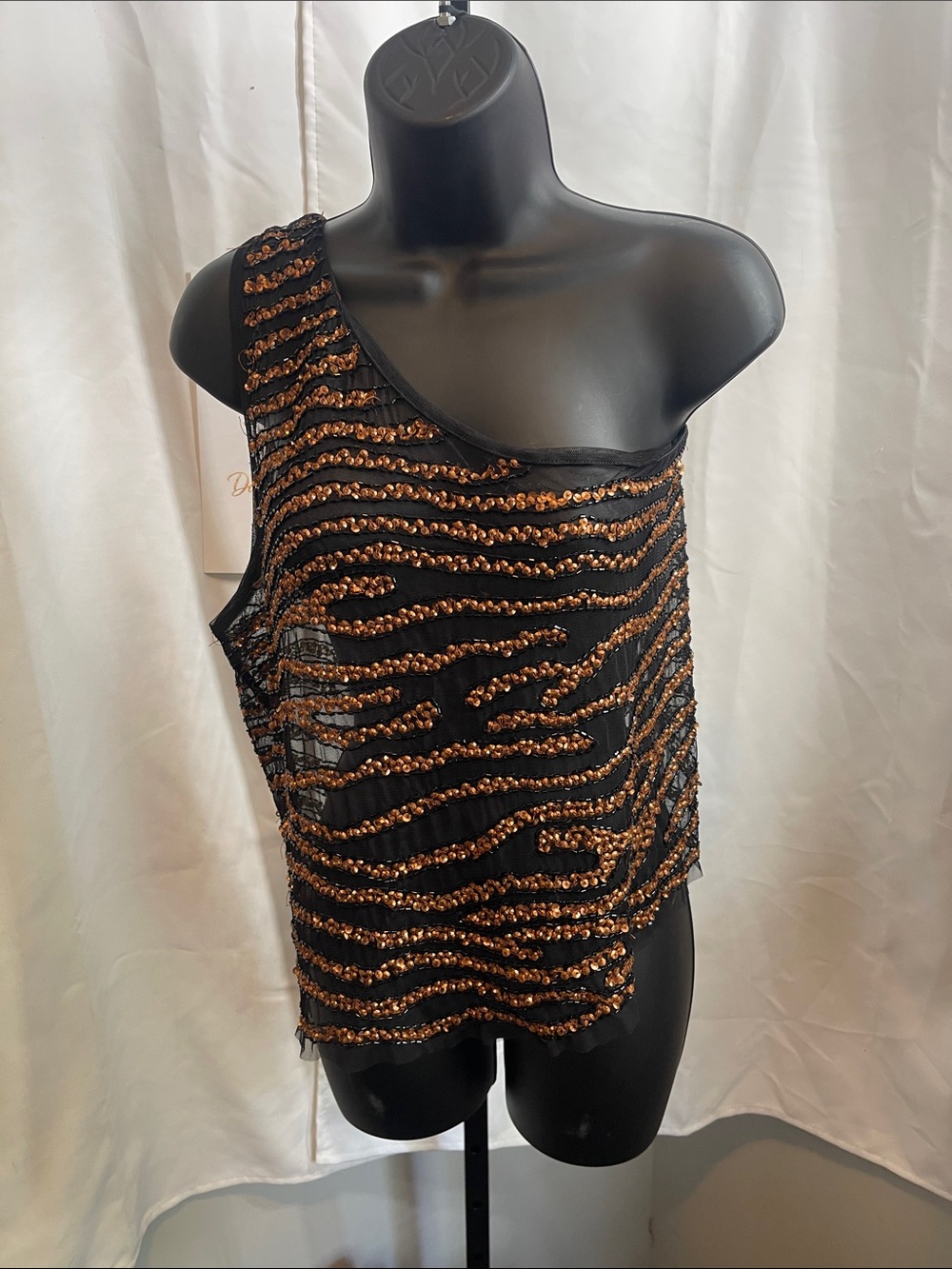 Free People Black One-Shoulder Sequin Tank with Copper Accents